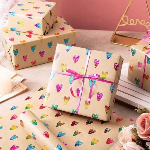 Vista 4 de RUSPEPA Rollo de papel de regalo de corazón para niñas, mini rollo, papel de estraza de papel de estraza con patrones de corazón dibujado a mano