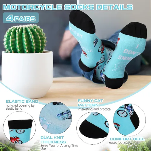 Vista 3 de Suhine 4 pares de calcetines divertidos para amantes de la motocicleta, con texto en inglés "I Don't Snore I Dream I'm a Motorcycle Crew Motorbike