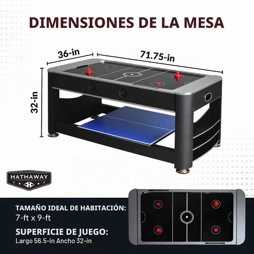 Vista 3 de Hathaway Triple Threat Mesa de Juego Multifuncional – Campo de Juego Rotativo que Ahorra Espacio para Mesa de Billar de 183 cm, Mesa de Hockey