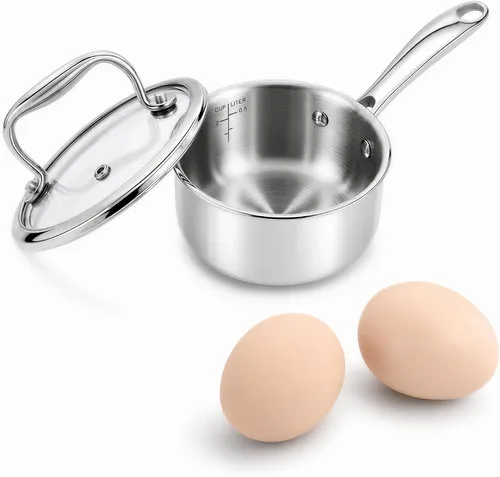 Vista 10 de Mini sartén, olla de acero inoxidable de tres capas con mango que se mantiene fresco, salsa térmica y aceite (4 pulgadas/0.12 cuartos de galón)