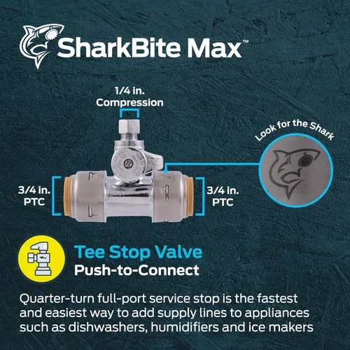 Vista 2 de Válvula de parada SharkBite Max Tee, 3/4 x 3/4 en Conexión a presión x 1/4 en Compresión, Accesorio de plomería de latón, Acabado cromado, UR24985A