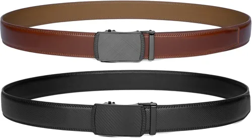 Vista 4 de Founders & C Cinturón para hombre, 2 unidades, vestido de cuero con trinquete con hebilla deslizante de 1 38 pulgadas en caja de regalo