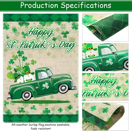 Vista 4 de 2 banderas de jardín del Día de San Patricio de 18 x 12 pulgadas, bandera de bienvenida del día de San Patricio, gnomo irlandés de trébol, bandera