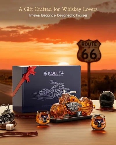 Vista 8 de Kollea Regalos de cumpleaños para hombres, papá, juego de decantador de whisky de motocicleta con 2 vasos, dispensador de licor para bar en casa