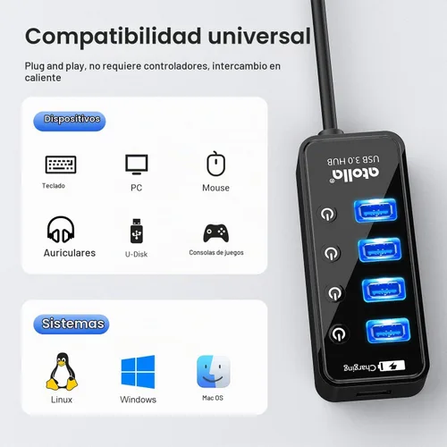 Vista 6 de Atolla Hub USB 3.0 de 4 puertos con 4 puertos de datos, 1 puerto de carga inteligente, interruptores individuales de encendido/apagado y adaptador