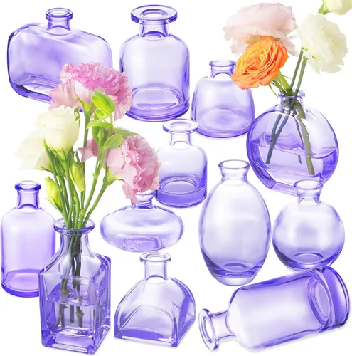 Vista 10 de Juego de 12 jarrones pequeños, jarrón pequeño de vidrio transparente al por mayor, jarrones pequeños para centro de mesa, mini jarrón de flores