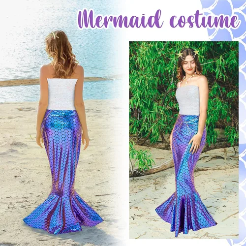 Vista 5 de Newcotte 4 piezas de disfraz de sirena para mujer, falda de tubo de lentejuelas, cintura de perla y cadena para la cabeza para Halloween Cosplay
