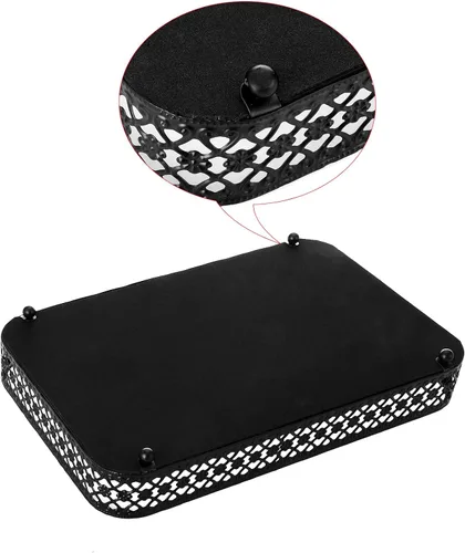 Vista 3 de ELLDOO - Bandeja negra para perfumes y maquillaje, bandeja de joyería con talla hueca, organizador de vidrio y metal para baratijas para cómoda