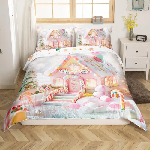 Vista 24 de Juego de funda de edredón con diseño de ciervo de cabaña, tamaño twin, juego de ropa de cama rústica de tablón de madera de árbol de Navidad