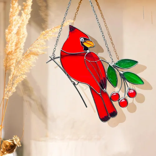 Vista 6 de Adornos de pájaros rojos, atrapasoles de vitral, colgante de vitrales cardenales, decoración cardenal para inauguración de la casa, regalos