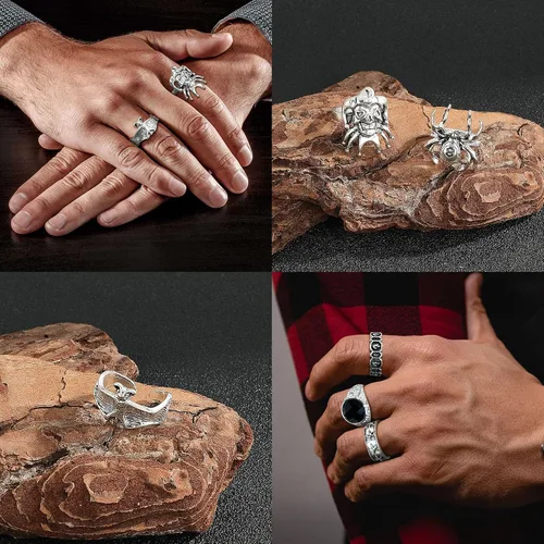Vista 3 de Juego de 34 anillos punk plateados vintage para mujeres y hombres, con sello gótico, apilables, calavera, póquer, nudillos, juego de 34 piezas
