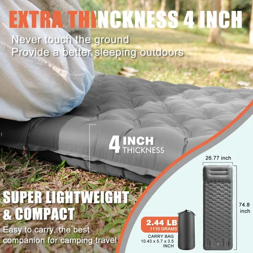 Vista 3 de Colchoneta inflable para acampar con almohada, extra gruesa de 4 pulgadas con bomba integrada, colchón de aire compacto y ultraligero para acampar