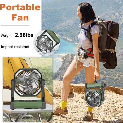 Vista 6 de KITWLEMEN - Ventilador de campamento alimentado por batería de 20 000 mAh, refrigeración máxima de 58 horas, 4 velocidades, luz brillante y gancho