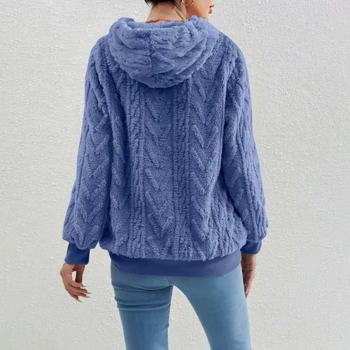 Vista 3 de BLUBUKLKUN Sudadera con capucha de forro polar Sherpa para mujer, con cremallera, casual, holgada, color sólido, suéter acanalado