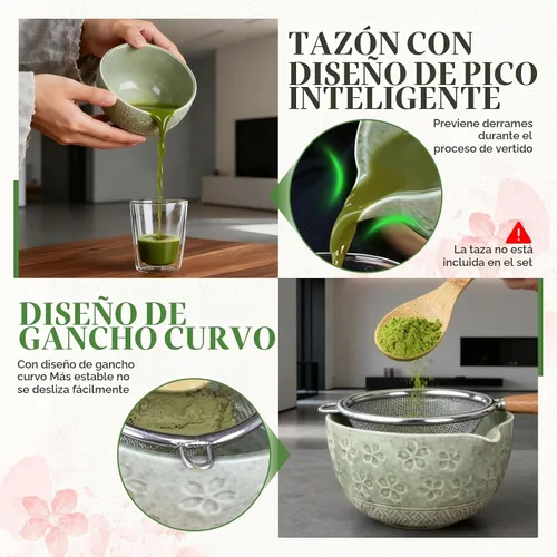 Vista 4 de Juego de batidor de matcha, utensilios de ceremonia de té japonés (8 piezas) con cuenco de matcha con boquilla (19 onzas), batidor de bambú, Verde
