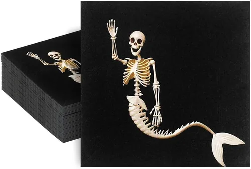 Vista 2 de 60 servilletas de Halloween – Servilletas de papel desechables de 6.5 x 6.5 pulgadas, servilletas negras de esqueleto de sirena para reuniones