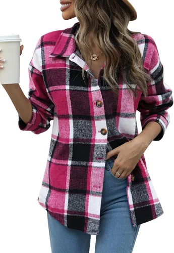 Vista 12 de Beaully Chaqueta-Camisa de Franela a Cuadros para Mujer, Trajes de Otoño 2025, Camisa de Manga Larga con Botones, Chaqueta Abrigo con Bolsillos Negro
