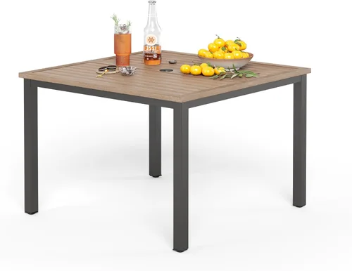 Vista 12 de PHI VILLA - Mesa de comedor al aire libre de 37 pulgadas, mesa de patio con malla de acero de metal, mesa de comedor con orificio para paraguas