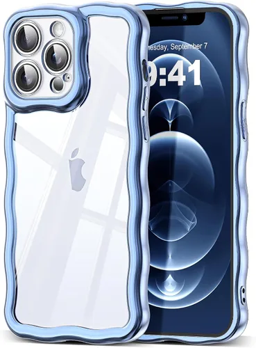 Vista 55 de SKYLMW Funda compatible con iPhone 12 Pro, diseño de ondas rizadas kawaii, borde chapado de lujo, elegante parte trasera transparente brillante, TPU