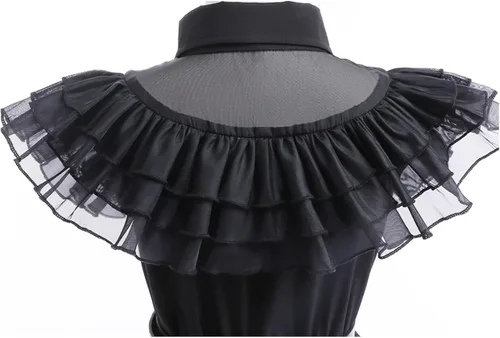 Vista 7 de Xinfenglai Wednesday Addams - Vestido de baile negro con cinturón, vestido de cosplay, juego de simulación, disfraz de fiesta de Halloween para niñas
