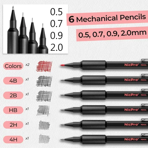 Vista 5 de Nicpro Juego de lápices mecánicos de metal, 3 lápices de dibujo artístico de 0.5, 0.7, 0.035 in y 2 lápices de dibujo mecánicos de 0.079 pulgadas