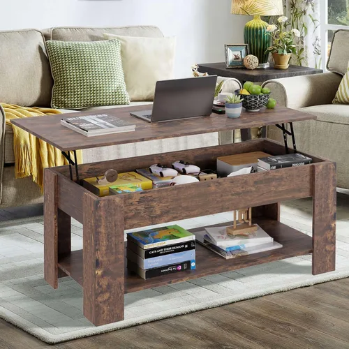 Vista 8 de Mesa auxiliar, mesa auxiliar de madera con compartimentos ocultos y estantes de almacenamiento, mesa de centro moderna de madera maciza con mesa