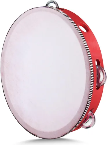 Vista 10 de Flexzion Pandereta de madera de mano para adultos de 6 pulgadas, doble fila de 8 pares de jingles (rojo) - Instrumento musical de pandereta redonda