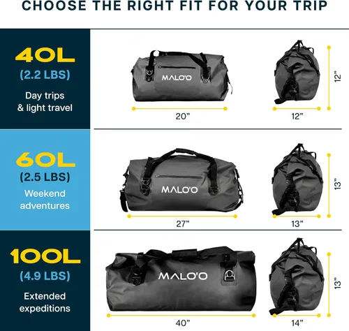 Vista 6 de Malo’o Bolsa de lona impermeable seca, Bolsa de equipo resistente de cubierta enrollable impermeable con correas para el hombro y bucles Molle