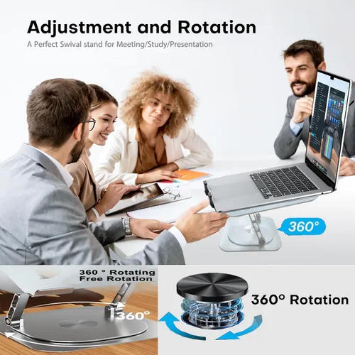 Vista 3 de Ventilador de soporte para laptop con base giratoria giratoria de 360°, altura elevadora de 10 pulgadas ajustable para escribir, ver, presentación