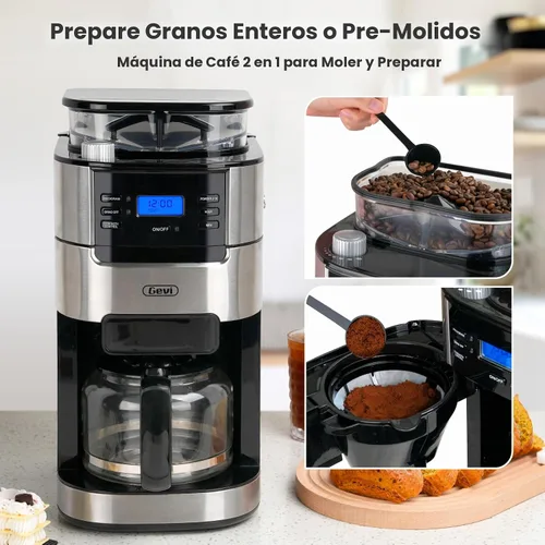 Vista 2 de Gevi Cafetera de 10 tazas con molinillo de rebabas integrado, temporizador programable, tanque de agua de 1.5L, filtro reutilizable y placa
