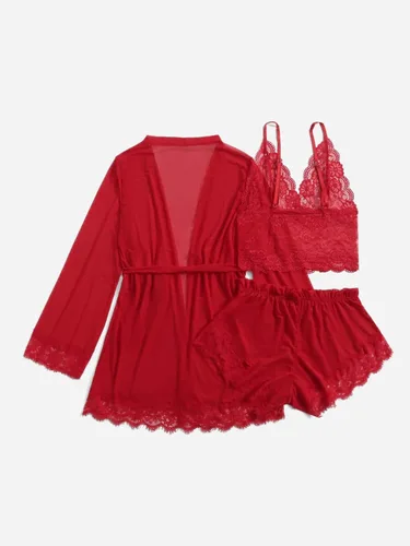 Vista 2 de MakeMeChic Conjunto de pijama de 3 piezas para mujer lencería de encaje floral con bata