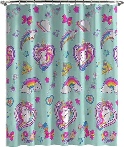 Vista 2 de Jay Franco Nickelodeon JoJo Siwa Retro Rainbow - Juego de baño de 14 piezas, incluye cortina de ducha, 12 ganchos y alfombra de baño antideslizante