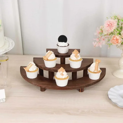 Vista 2 de Efavormart - Juego de 3 pedestales de postre semicírculo de madera marrón rústica de 3 niveles, elevadores de exhibición de cupcakes de media luna