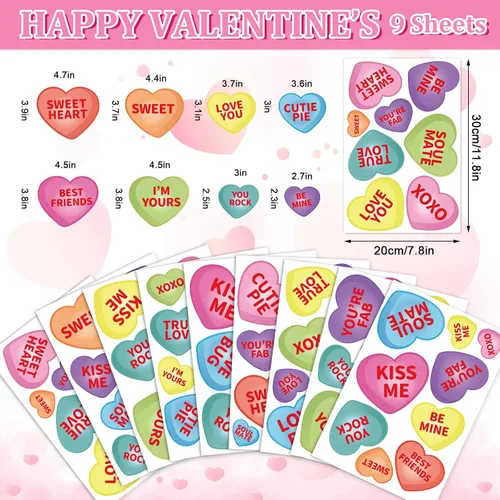 Vista 5 de Whaline 9 hojas de calcomanías románticas de corazón para el día de San Valentín, decoración de corazón de caramelo de doble cara para el hogar