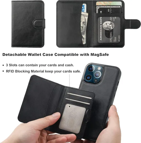 Vista 6 de Bocasal Funda tipo cartera para iPhone 13 Pro Max compatible con MagSafe magnético RFID bloqueo desmontable de piel sintética de alta calidad