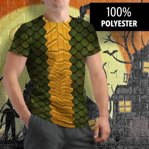 Vista 3 de playera de Halloween Disfraz de dragón verde All Over para adultos