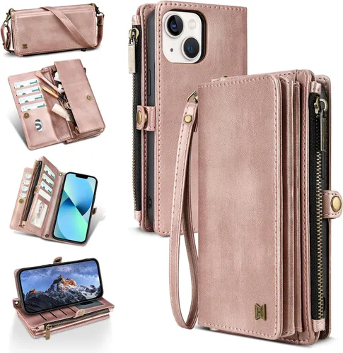 Vista 24 de Funda tipo cartera para iPhone 16 Pro Max con 8 tarjeteros, bloqueo RFID, piel sintética, función atril, abatible, correa de muñeca y correa