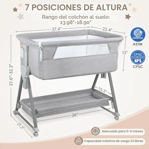 Vista 7 de BIERUM Moisés de bebé para bebé – Moisés de noche ajustable de 7 alturas con ruedas bloqueables, fácil de montar, cuna portátil con bolsa de Gris