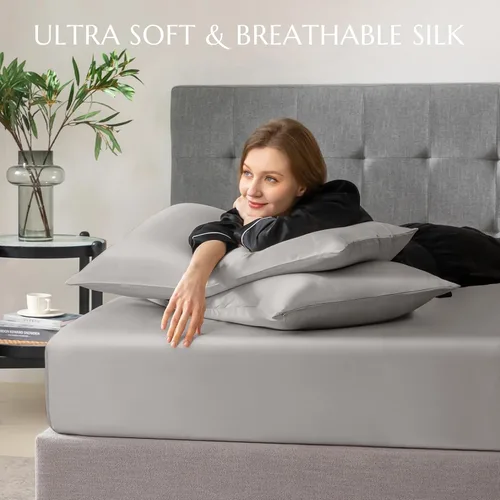 Vista 14 de THXSILK Juego de sábanas bajeras de 100% seda de morera, 3 piezas de seda 7A+, transpirable, suave, sábana bajera de 16 pulgadas de profundidad, 2