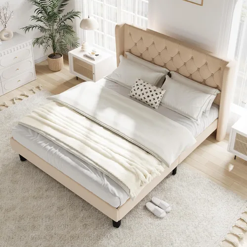 Vista 8 de Allewie Base de cama de tamaño matrimonial con cabecera copetuda con botones en la parte trasera, marco de cama tapizado moderno con soporte