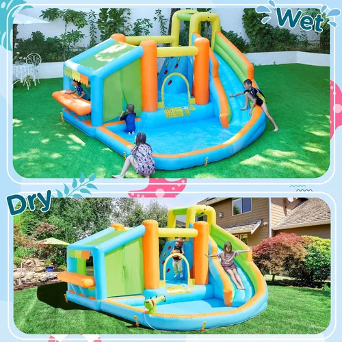 Vista 2 de Yaheetech - Castillo inflable de rebote para niños de 3 a 10 años W/ Splash Pool, Toy Market Stand, Bouncer Area, Slide, Climbing Wall, Storage