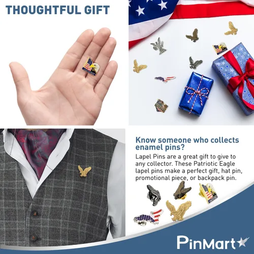 Vista 3 de PinMart Pin Patriótico del Águila – Águila Americana Volando – Broche para solapa esmaltado en bronce, color dorado chapado o chapado en níquel