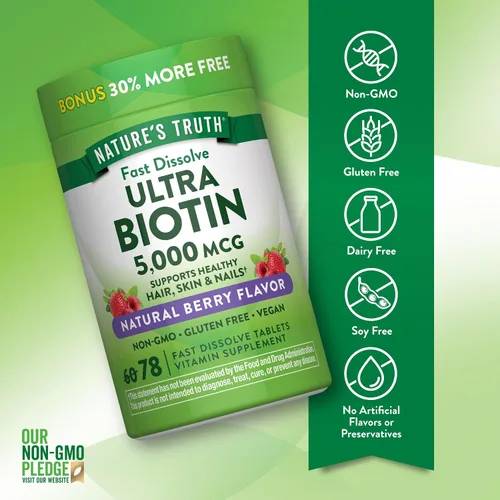 Vista 3 de Nature's Truth Biotin 5000mcg 78 tabletas de disolución rápida Sabor natural de bayas Vegano, sin OMG y sin gluten