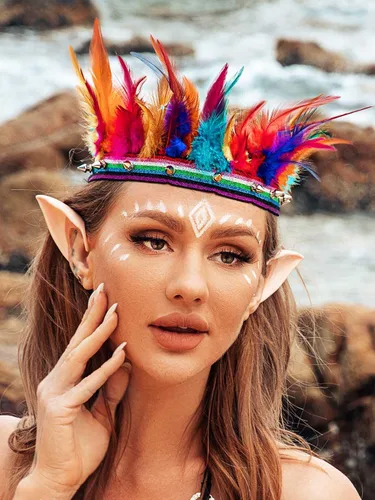 Vista 2 de GENBREE Diadema de plumas arco iris indio tocado corona tocado tocado carnaval disfraz accesorios para el cabello para mujer