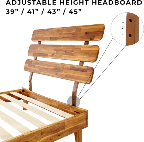 Vista 4 de Bme Caden - Base de cama de 15 pulgadas con cabecera ajustable, estilo retro de mediados de siglo, con madera de acacia, no necesita somier, 12