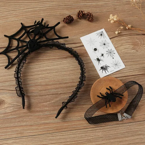 Vista 6 de Accesorios de disfraz de araña, diadema de telaraña, gargantilla negra para Halloween, cosplay, disfraz, tatuaje