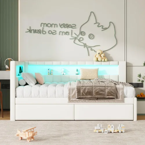 Vista 5 de Sofá cama tapizado de tamaño individual con puertos USB y luces LED, cama esquinera con 2 cajones y cabecera en forma de L, cama esquinera suave