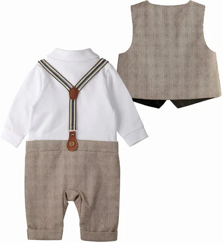 Vista 4 de Conjunto de trajes para bebé, 3 piezas, overol de caballero de manga larga, chaleco y boinas con pajarita, Boinas