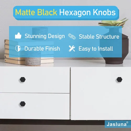 Vista 2 de Paquete de 6 pomos negros para cajones de tocador, perillas hexagonales de 1-1/4 pulgadas para armario de cocina, baño, acabado negro mate