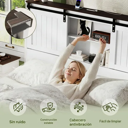 Vista 8 de Marco de cama tamaño Queen con cabecera de almacenamiento, luces de lectura, color blanco Blanco antiguo